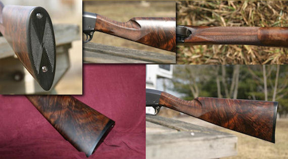 Remington 28 gauge, solid rib, 6 lbs. 4 ozs. Black walnut flame with feathering, ebony butt plate, mullered borders, 26 1.p.i. Rust blued steel.